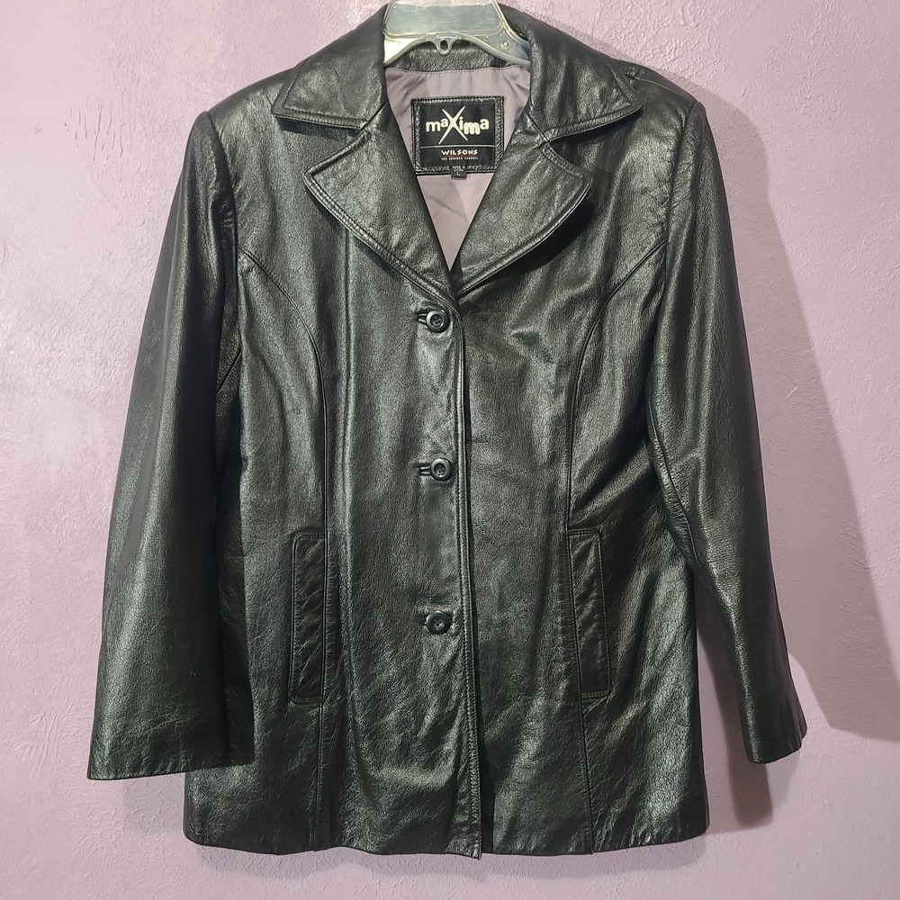 Maxima Wilsons Leather Blazer‎ Jacket Womens L Black Vintage Button Front